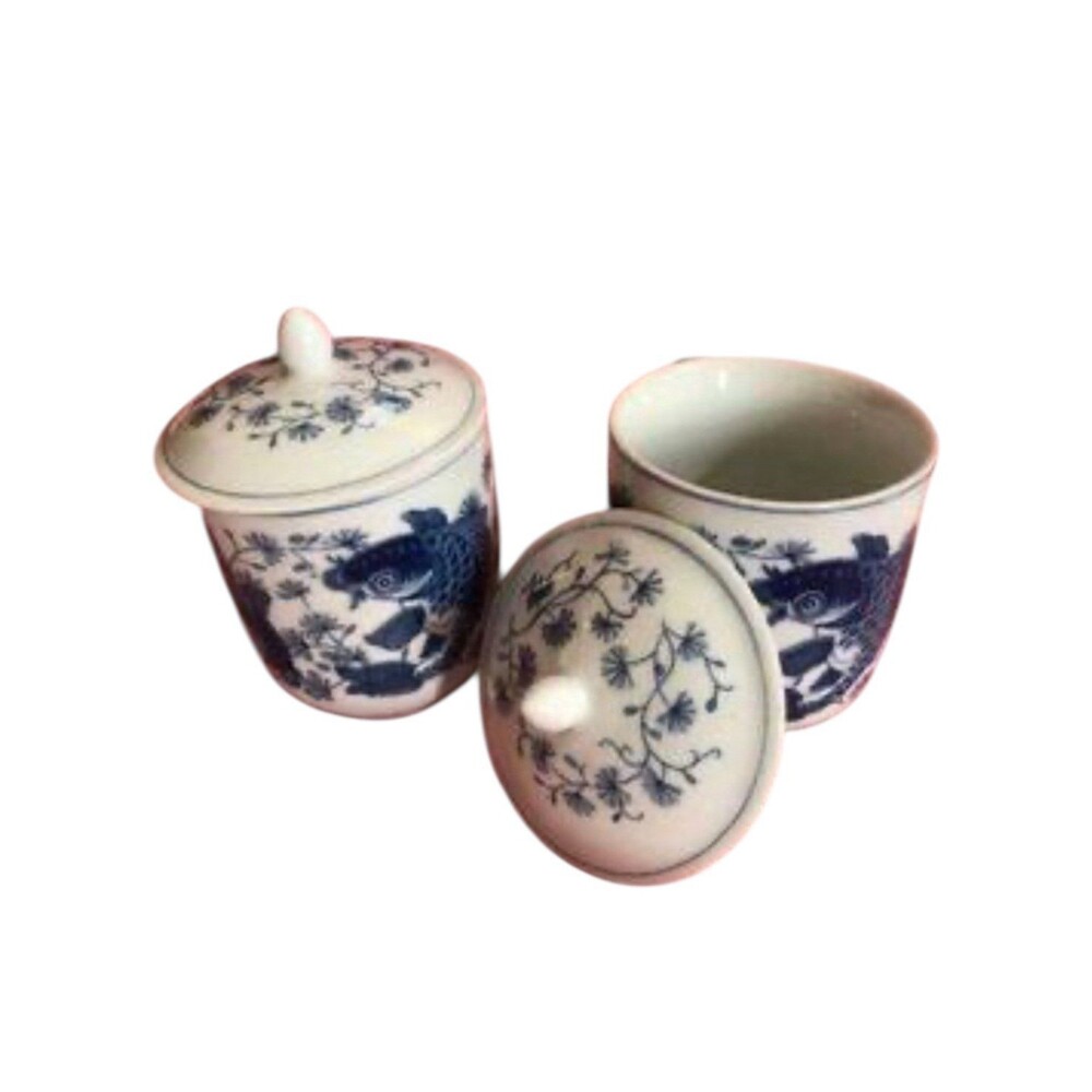 Blue Heron Asian Birds Floral Creamer & Sugar Set in a blue & white Imari style